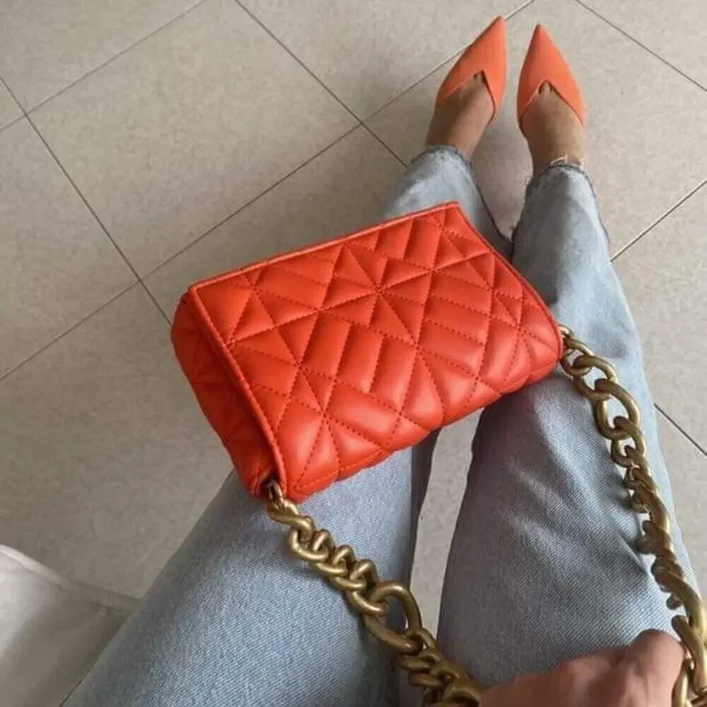 ZARA Coral Orange Quilted Chain Shoulder Bag NWT Gold Chain Purse OS